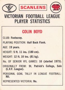 1974 Scanlens VFL #106 Colin Boyd Back